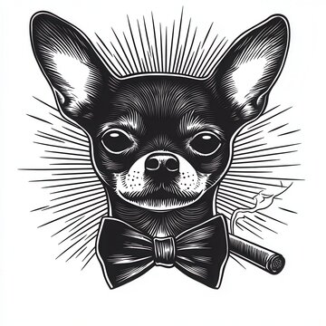 recommend clip art: Vintage chihuahua logo with a bow tie and cigar, in a simple, bold line art style, using a woodcut print effect.