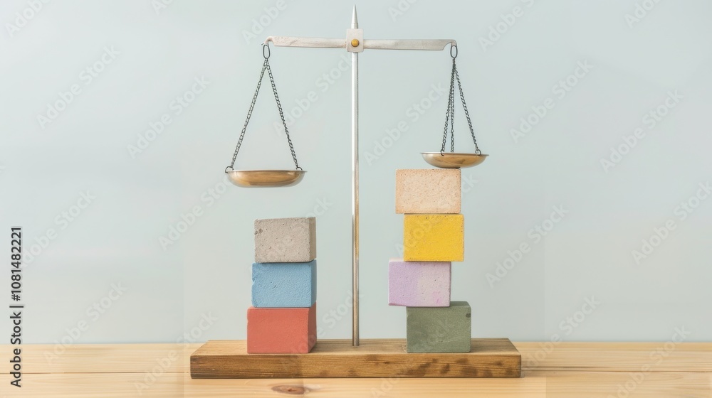 Poster a meaningful depiction of social equity, featuring a set of scales balanced with diverse blocks of v