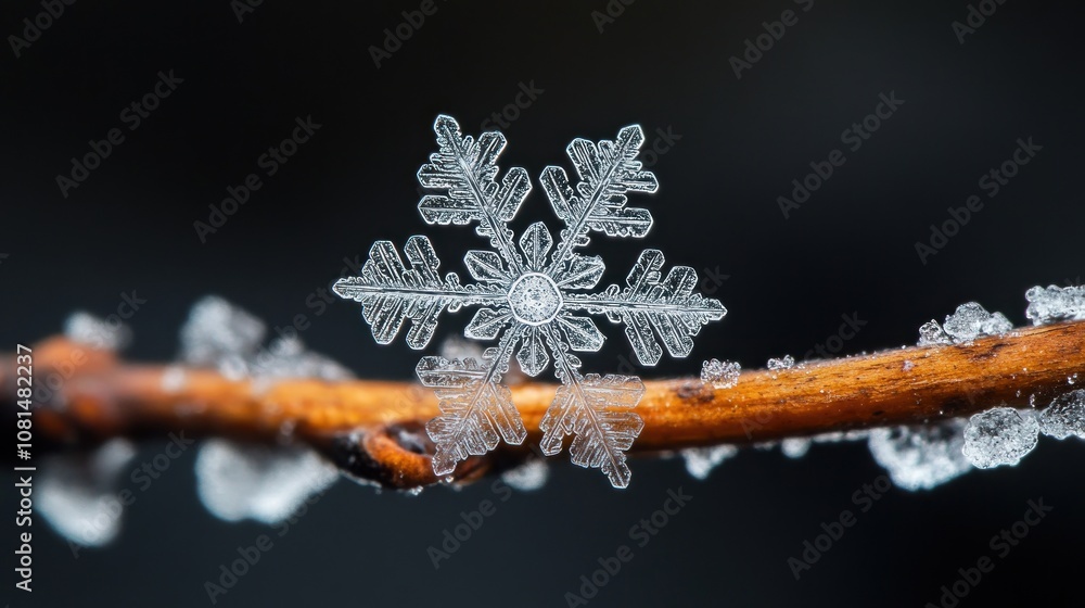Poster a delicate snowflake rests on a frosted twig, showcasing its intricate crystalline structure.