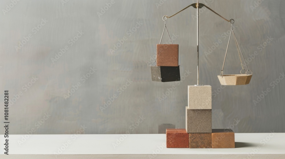 Poster a meaningful depiction of social equity, featuring a set of scales balanced with diverse blocks of v