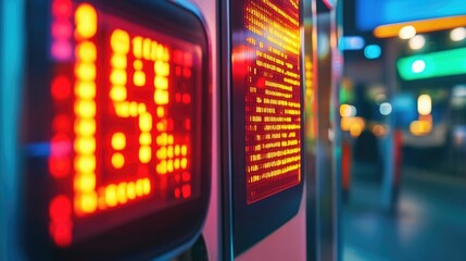 Fuel pump next to a digital ticker display with a risk indicator representing the concept of energy investment strategy and market volatility in the financial industry