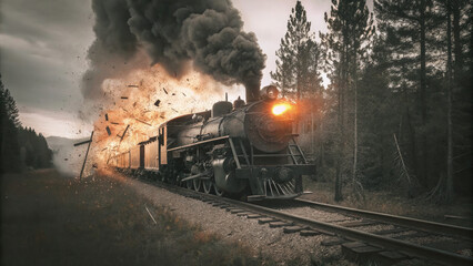 Obraz premium Exploding Steam Locomotive on Rural Track, Flames, Debris, Forest, in Eerie Sunset & Stormy Chaos.
