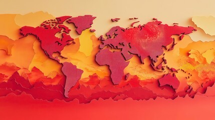 Papercut of a world map with increasing areas covered in red paper to symbolize rising temperatures globally.