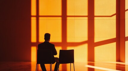 A businessman sits in a chair in a room with an orange window.