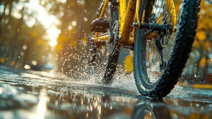 Bicycle wheel splashing through a puddle on a wet road.