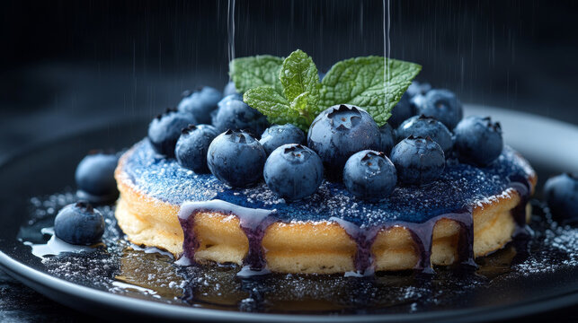 Delicious blueberry pancake plate food photography tasty meal snack gourmet fashion background with copy space. for food dishes restaurant advertising