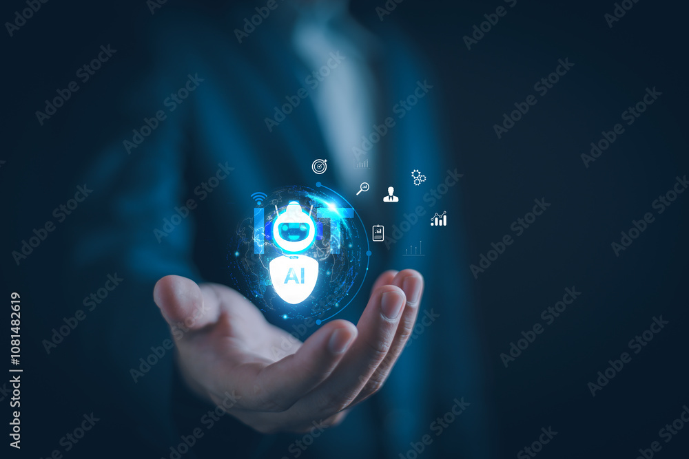 Poster business iot ai automation concept, business man with virtual ai automation connect internet of thin