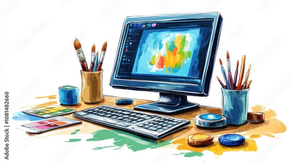 Poster a computer monitor, keyboard, and mouse are set up on a desk with paintbrushes, paint, and a color p
