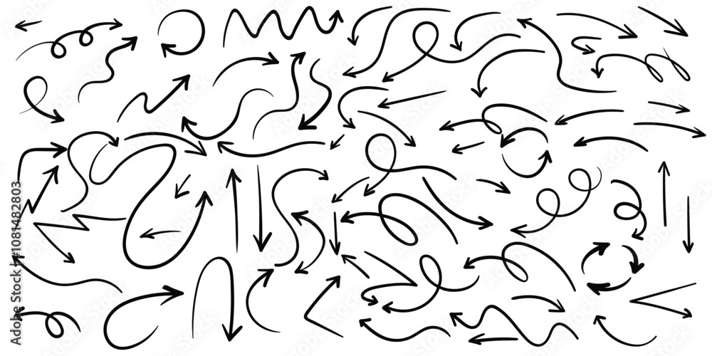 Poster collection of hand drawn creative arrows in various styles and directions, showcasing artistic flair