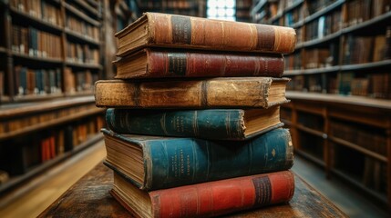 A stack of five leather-bound books lies on a wooden table in the library. The books are old, worn, and slightly out of focus, while the shelves in the background remain in focus.