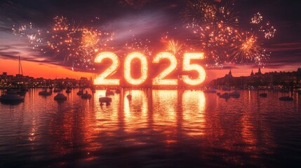 2025 New Year Celebration with Fireworks over Waterfront at Sunset