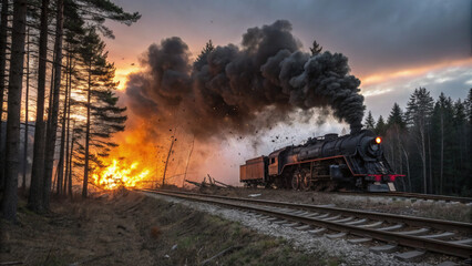 Fototapeta premium Exploding Steam Locomotive on Rural Track, Flames, Debris, Forest, in Eerie Sunset & Stormy Chaos.