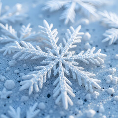 Intricate snowflake on soft snowy background capturing the beauty of winter, photography of macro concept.