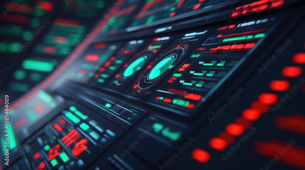 Poster futuristic exchange screen with power symbols tracking market trends and financial technology concep