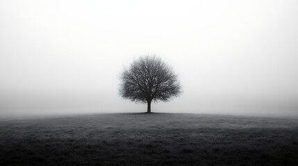 Minimalist composition featuring a solitary tree in an open field 