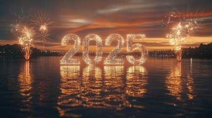 2025 New Year Fireworks Reflection on Water at Sunset