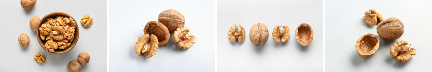 Set of tasty walnuts on light background
