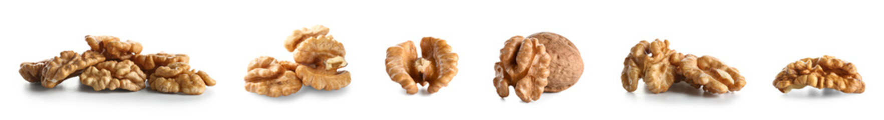 Set of tasty walnuts on white background