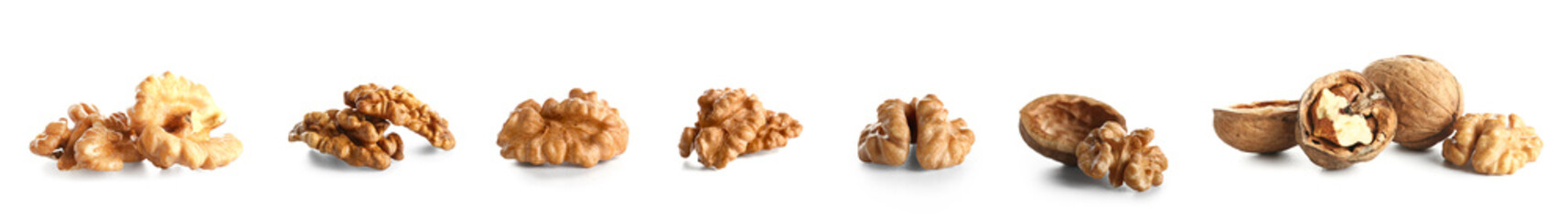 Set of tasty walnuts on white background