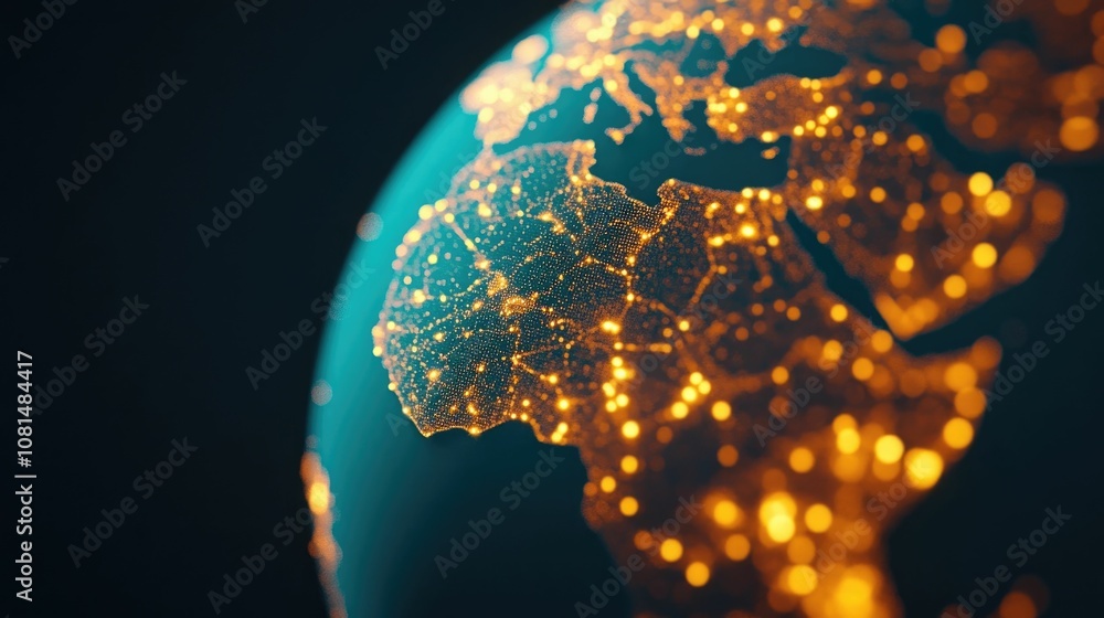 Poster a digital 3d render of a globe with glowing power flow lines and market trend visualizations represe