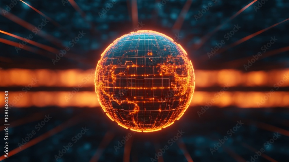 Poster of a digital 3d globe with a glowing power flow and market trends visualization depicting the concep