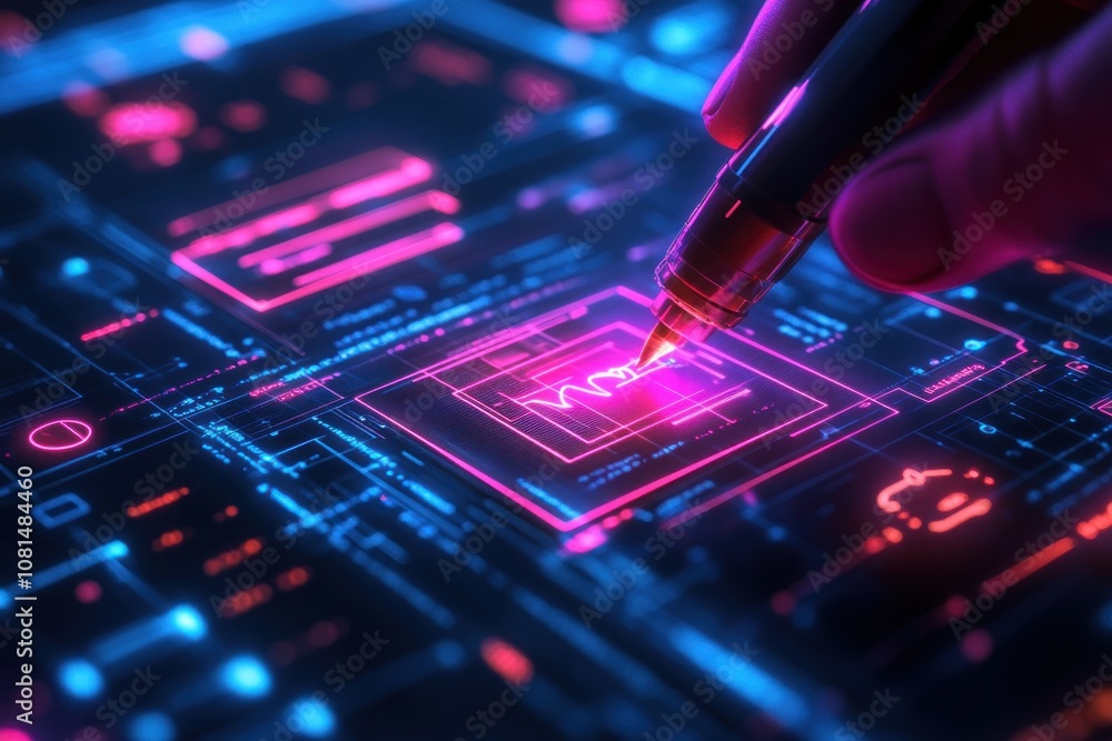 Poster a hand holding a stylus is hovering over a digital screen with a glowing 