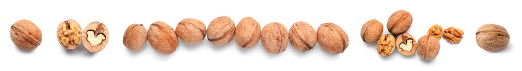 Set of tasty walnuts on white background