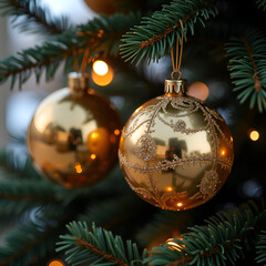 Glistening golden ornaments adorning a christmas tree, capturing the magic of the holiday season, photography of still life concept.
