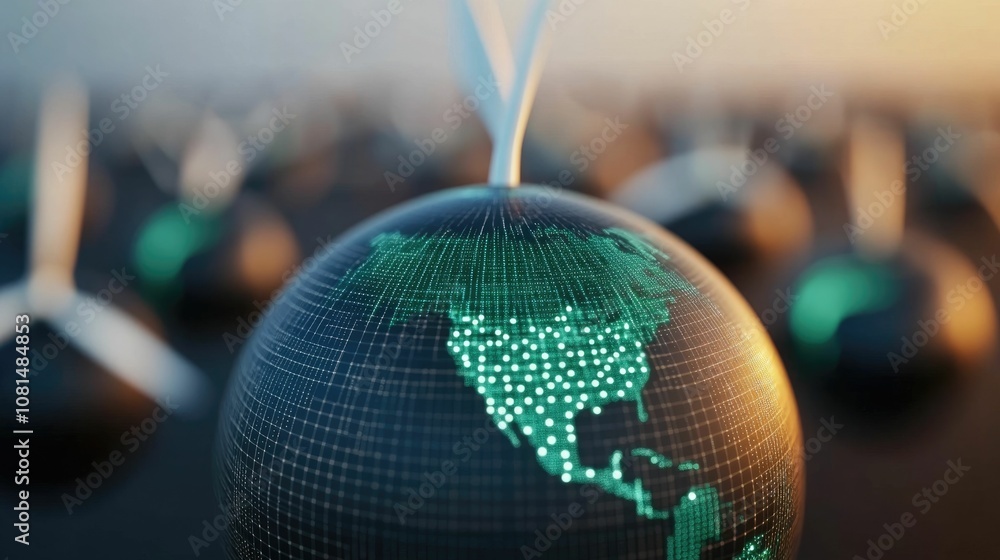 Poster abstract digital visualization of a globe with solar rays and wind currents representing the concept
