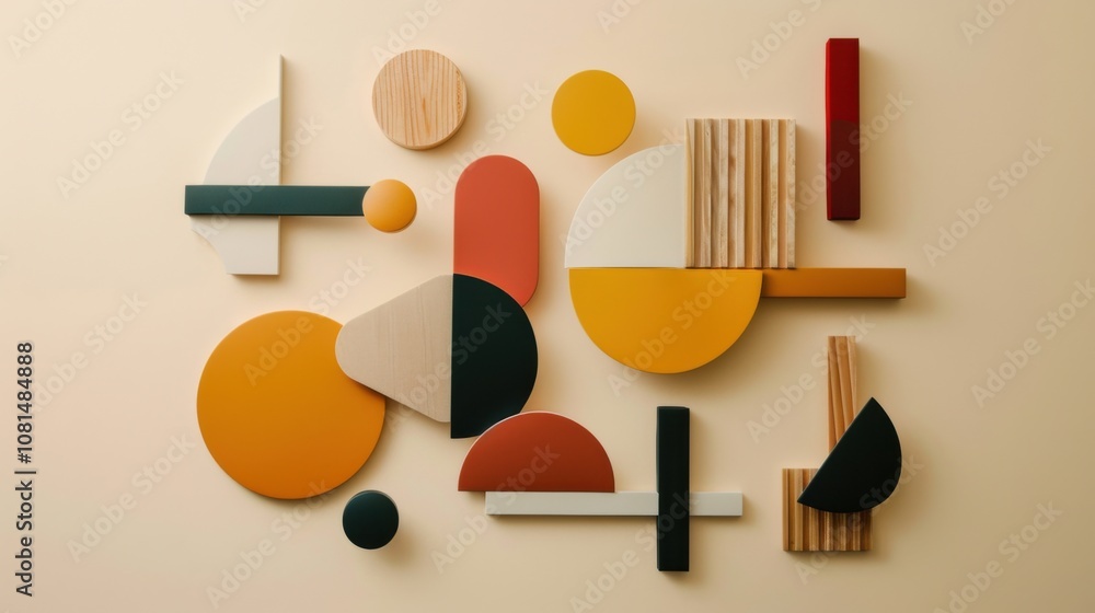 Poster A minimalist arrangement of diverse abstract shapes creating a harmonious pattern on a plain background, Reflecting unity and diversity, photography style