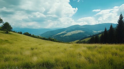 Fototapeta premium Scenic mountain landscape with green grass field, blue sky and white fluffy clouds. Nature, outdoor and travel background.