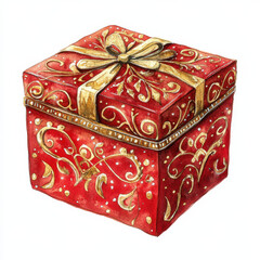 beautifully wrapped red gift box with intricate gold designs and bow, perfect for celebrations and holidays