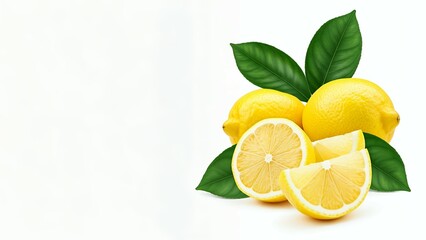 Fresh whole and sliced lemons with leaves on a white background.