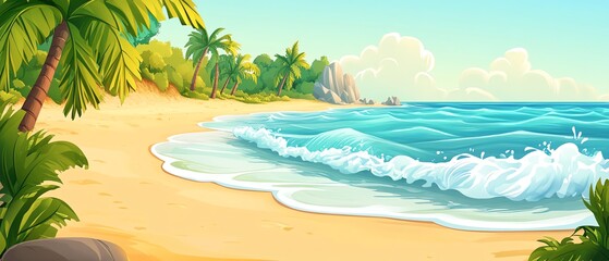 Fototapeta premium Relaxing Beach Scene with Gentle Waves Tropical Island Nature Art Serene Setting Bright Colors Tranquility Concept