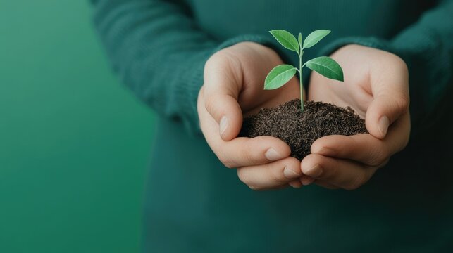 Hands gently cupping a small green sprout representing the nurturing and care needed for sustainable environmental development and progress towards a greener more eco friendly future