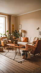 Cozy living room featuring a beige sofa with orange accents, wooden coffee table, potted plants, and warm lighting, creating a comfortable and inviting atmosphere.