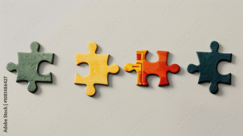 Poster a minimalist representation of colorful puzzle pieces fitting together seamlessly on a neutral backd