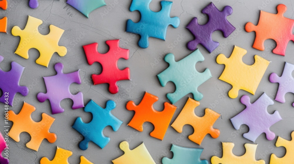 Poster a minimalist representation of colorful puzzle pieces fitting together seamlessly on a neutral backd