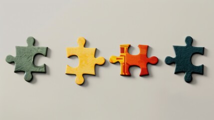 Obraz premium A minimalist representation of colorful puzzle pieces fitting together seamlessly on a neutral backdrop, Signifying integration and harmony, photography style