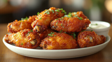 Fototapeta premium Delicious crispy korean fried chicken wings plate food photography tasty meal gourmet fashion background with copy space. for cuisine dishes restaurant recipe advertising