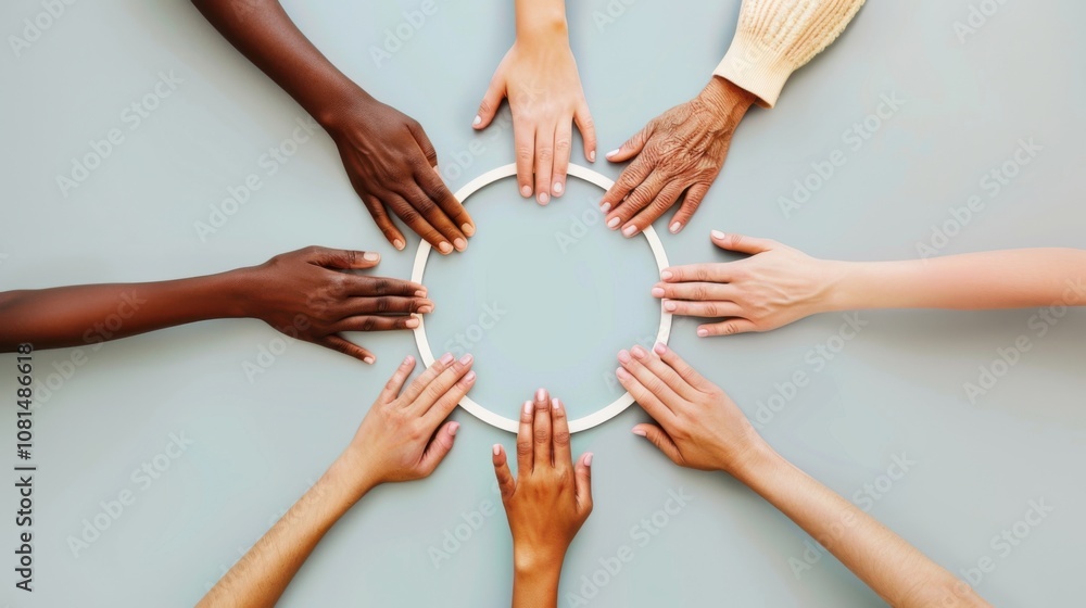Poster a minimalist representation of diverse hands forming a circle of support on a plain background, sign
