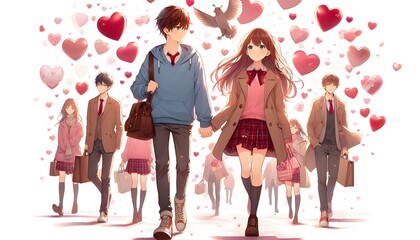 couple anime hearts holding hands love romance valentine relationship walking together happiness friends