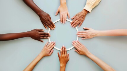 A minimalist representation of diverse hands forming a circle of support on a plain background, Signifying solidarity and inclusivity, photography style