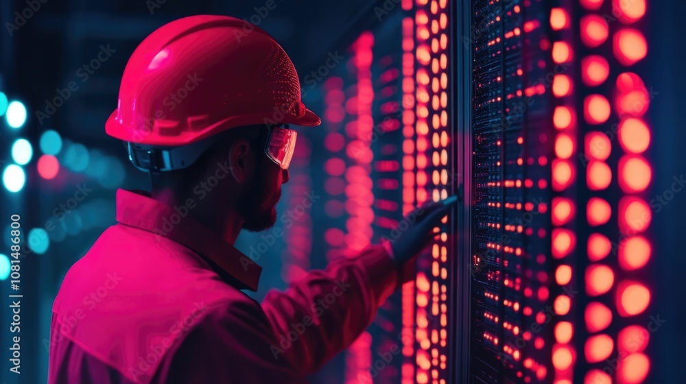 Poster utility worker inspecting the digital electricity supply network in a futuristic high tech energy in