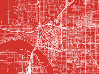 Christmas Map of Tulsa Center Oklahoma, USA in Snowy White on Festive Red Background.