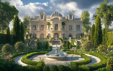 Naklejka premium A grand mansion surrounded by lush gardens and a central fountain, showcasing elegance and tranquility.