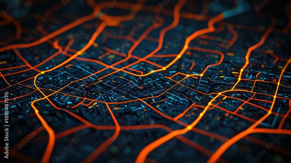 Poster futuristic abstract city map with electricity icons tracing the utility supply routes and power grid