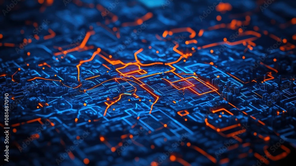 Poster abstract digital cityscape map with glowing electricity icons tracing the supply routes of a smart u