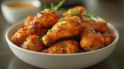 Delicious crispy korean fried chicken wings plate food photography tasty meal gourmet fashion background with copy space. for cuisine dishes restaurant recipe advertising