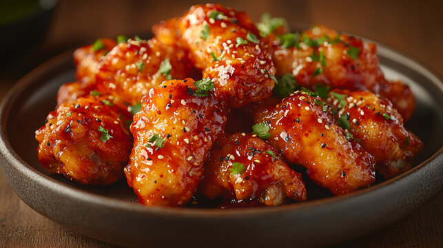 Delicious crispy korean fried chicken wings plate food photography tasty meal gourmet fashion background with copy space. for cuisine dishes restaurant recipe advertising